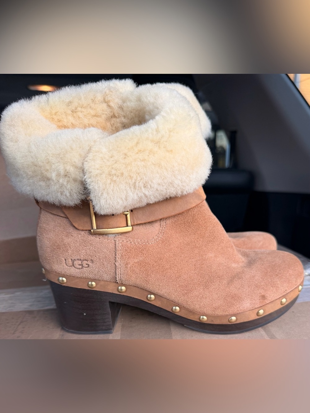 UGG Chestnut Suede Shearling Cuffed Studded Ankle Boots